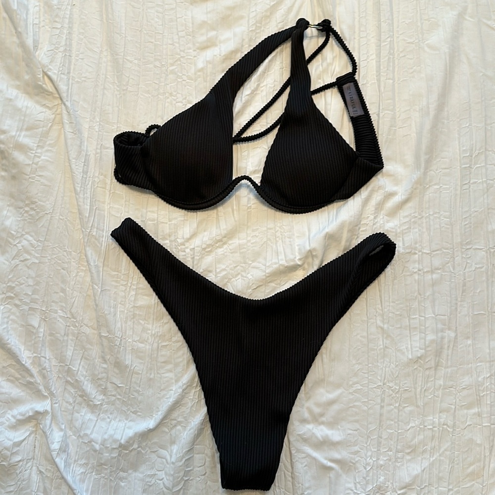 ZAFUL Women's One Shoulder Bikini Ribbed High Cut Bikini